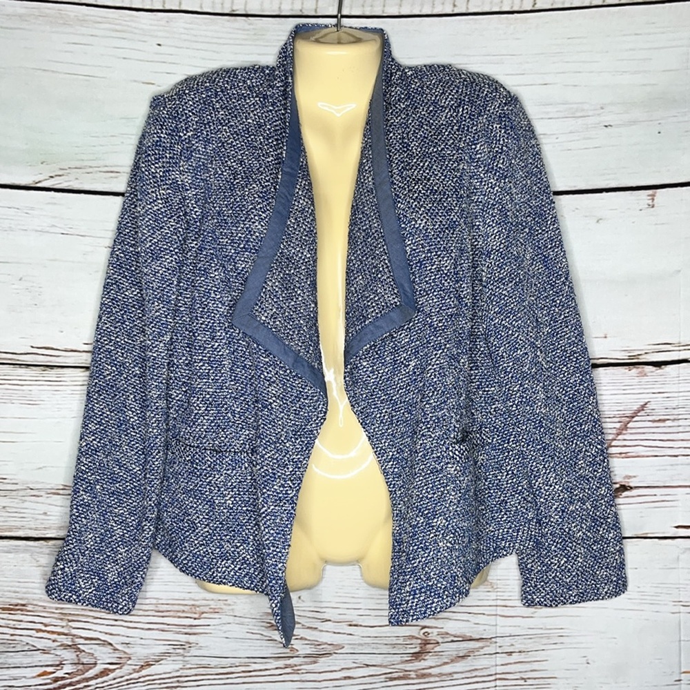 Talbots Petite NWT Size XLp Blue & White Tweed Open Front Jacket Blazer